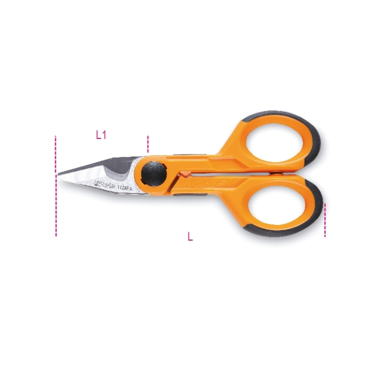 Beta Forbici per elettricisti lame dritte in acciaio inossidabile con microdentatura, gola tranciacavo e crimpatore per terminali a tubetto.