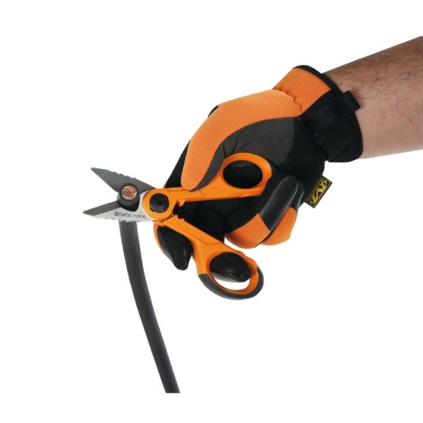 Beta Forbici elettricista con svasatore, lame in acciaio inossidabile con microdentatura, gola tranciacavo e crimpatore per terminali a tubetto