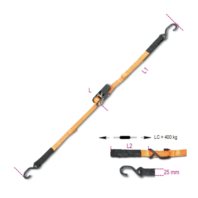 Beta Sistemi di legatura con 2 ganci ed asole, cricchetto tenditore LC 400kg nastro in poliestere ad alta tenacità (PES)