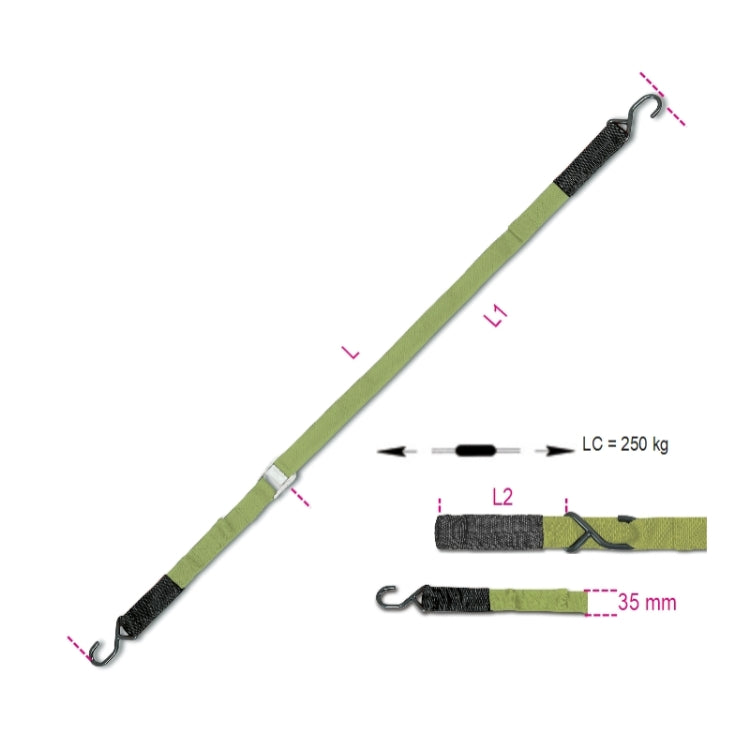 Beta Sistemi di legatura con 2 ganci ed asole, fibbia di serraggio LC 250kg nastro in polipropilene ad alta tenacità (PP)