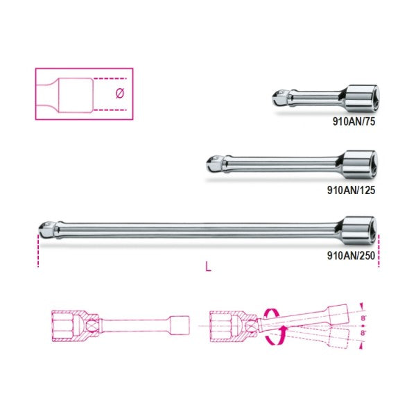 Beta Prolunghe con attacchi quadri maschio e femmina 3/8" angolari cromate