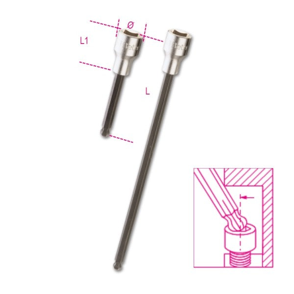Beta Chiavi a bussola maschio esagonale con estremità sferica con quadro femmina 1/2" cromate - inserti bruniti