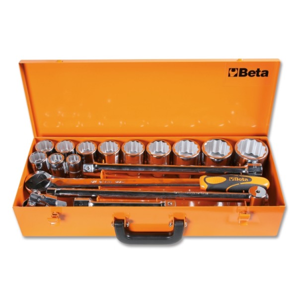 Beta Assortimento di 12 chiavi a bussola poligonali e 5 accessori in cassetta di lamiera
