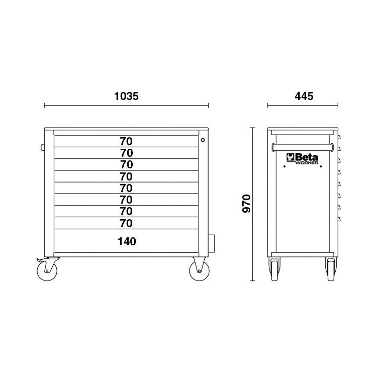 Beta Cassettiera mobile con nove cassetti, con sistema antiribaltamento, modello lungo, e assortimento di 716 utensili