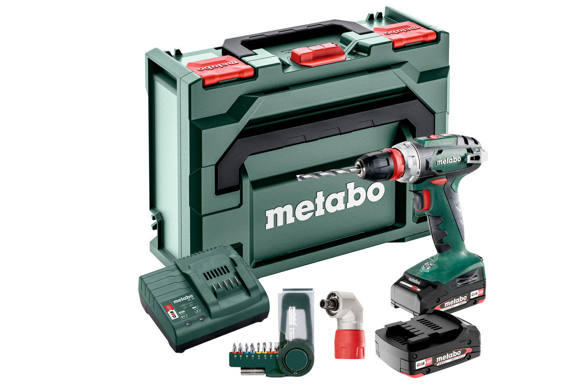 Metabo Trapano-avvitatore a batteria BS 18 Quick Set 18V 2x2Ah Li-Power Caricabatteria SC 30 metaBOX 145 con rinvio ad angolo a cambio rapido e box inserti SP (9 pz.)