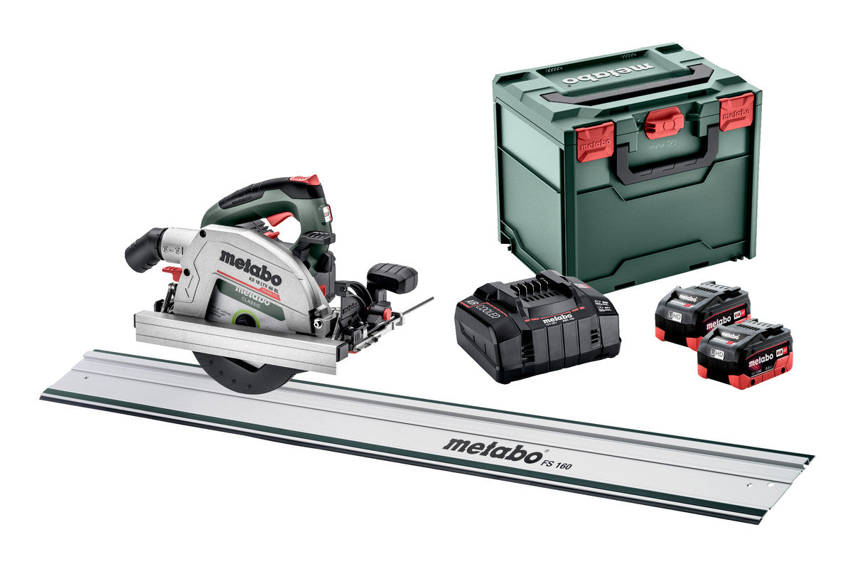 Metabo Sega circolare a batteria KS 18 LTX 66 BL Set 18V 2x8Ah LiHD Caricabatteria ASC 145 metaBOX 340 con binario di guida FS 160
