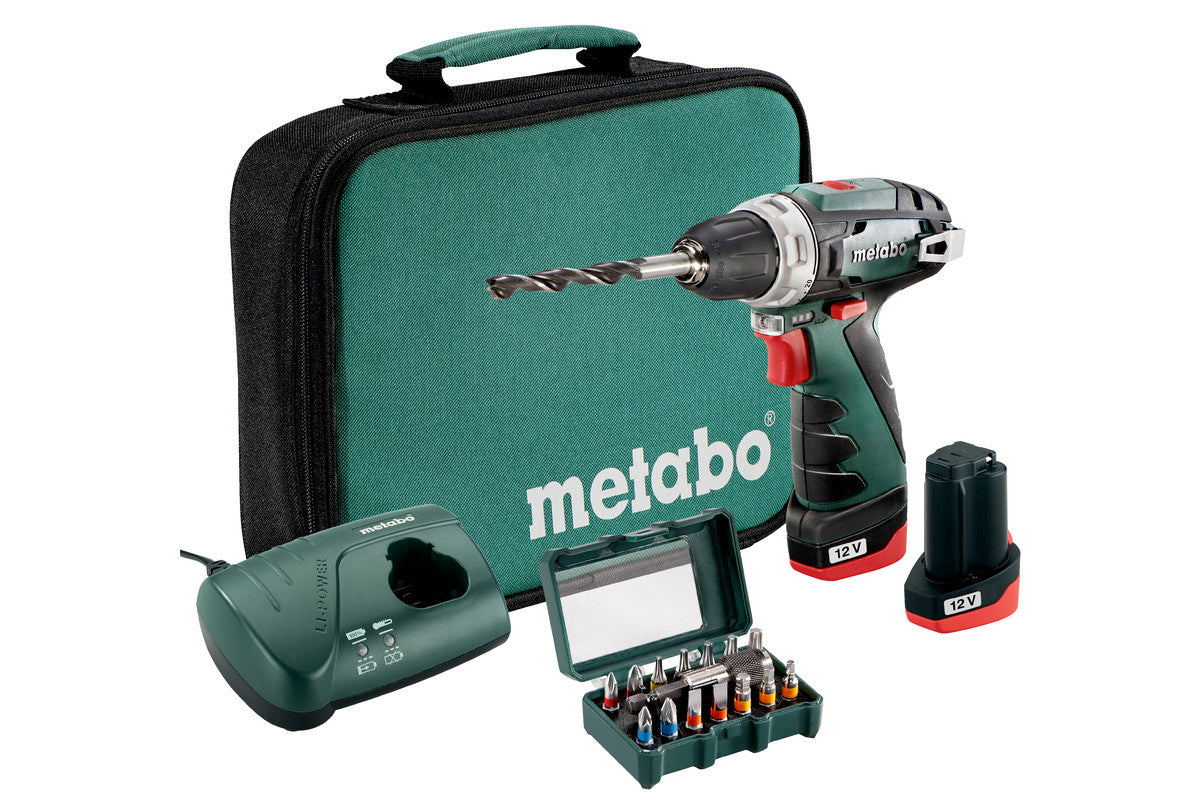 Metabo Trapano-avvitatore a batteria PowerMaxx BS Set 12V 2x2Ah Li-Power Caricabatteria Borsa porta attrezzi con box inserti SP (15 pezzi)