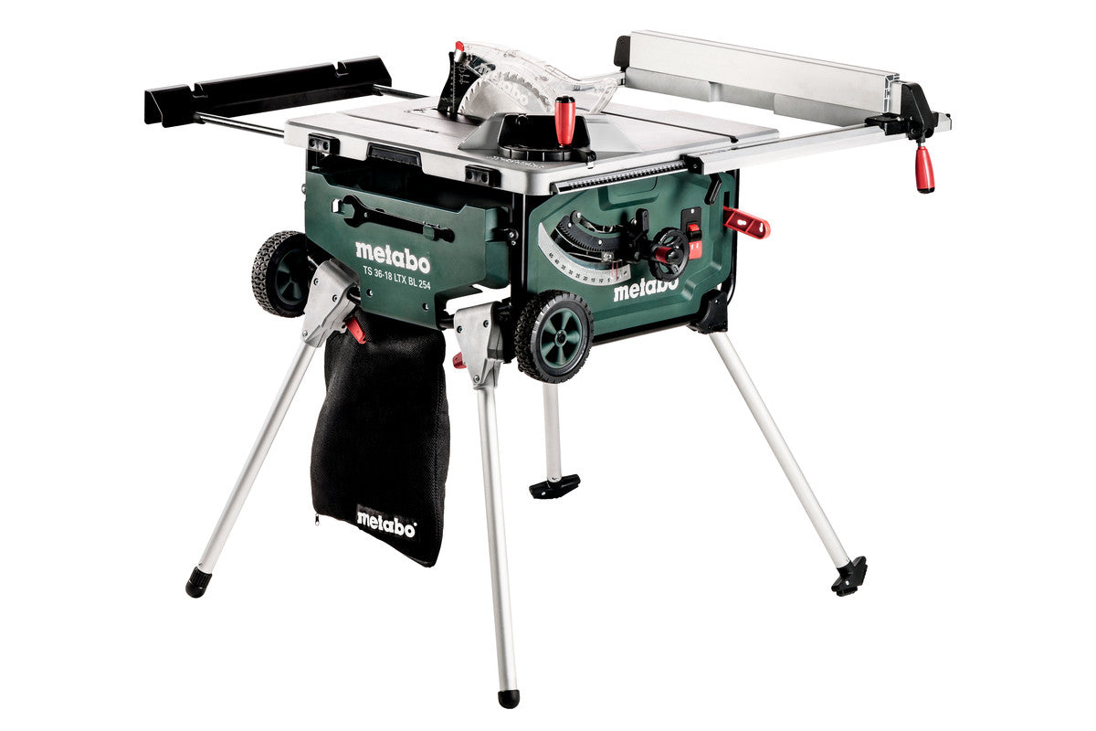 Metabo Sega circolare da banco a batteria TS 36-18 LTX BL 254 18V 4x8Ah LiHD Caricabatteria ASC 145 Duo Scatola di cartone con cavalletto-basamento e funzione trolley