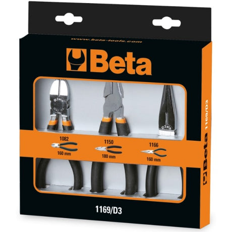 Beta Assortimento di 1 pinza universale, 1 pinza becchi mezzotondi lunghi e 1 tronchese, con 2 strati di PVC antiscivolo cromati