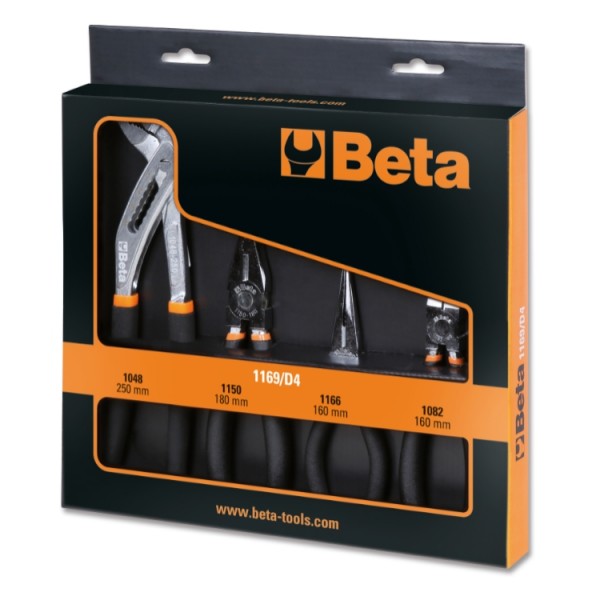 Beta Assortimento di 1 pinza universale a grande effetto, 1 pinza becchi mezzotondi lunghi, 1 tronchese e 1 pinza a cerniera chiusa cromati