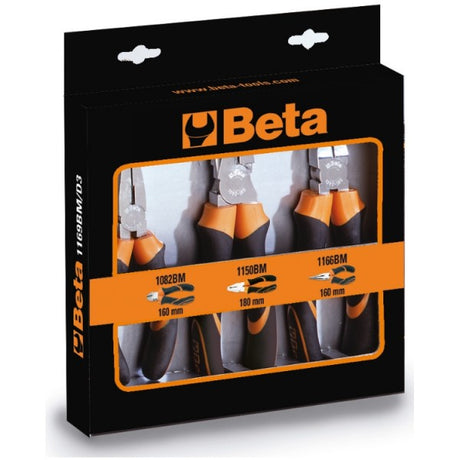 Beta Assortimento di 1 pinza universale, 1 pinza becchi mezzotondi lunghi e 1 tronchese, impugnatura bimateriale cromati