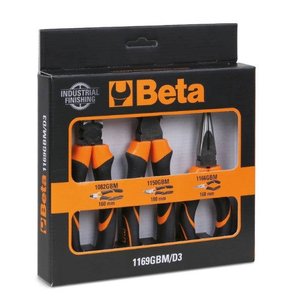Beta Assortimento di 1 pinza universale, 1 pinza becchi mezzotondi lunghi e 1 tronchese, impugnatura bimateriale, con finitura industriale