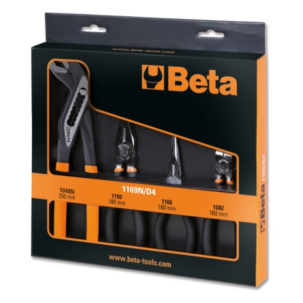 Beta Assortimento di 1 pinza universale a grande effetto, 1 pinza becchi mezzotondi lunghi, 1 tronchese cromato e 1 pinza a cerniera chiusa fosfatata