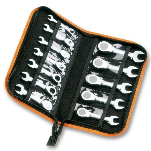 Beta Serie di 12 chiavi combinate corte diritte a cricchetto in astuccio