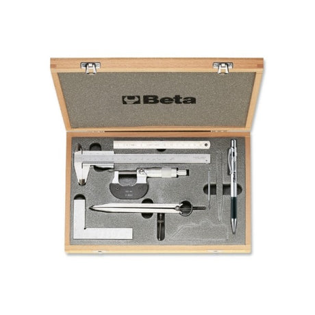 Beta Assortimento di 7 strumenti per misurare e tracciare in astuccio di legno