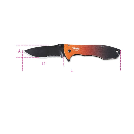 Beta Coltello a serramanico lama in acciaio inossidabile seghettata, impugnatura in alluminio, con dentello apertura agevolata, • in astuccio