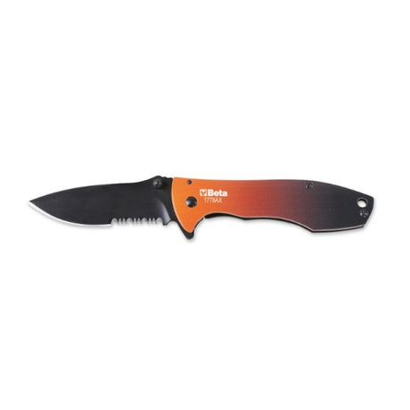 Beta Coltello a serramanico lama in acciaio inossidabile seghettata, impugnatura in alluminio, con dentello apertura agevolata, • in astuccio