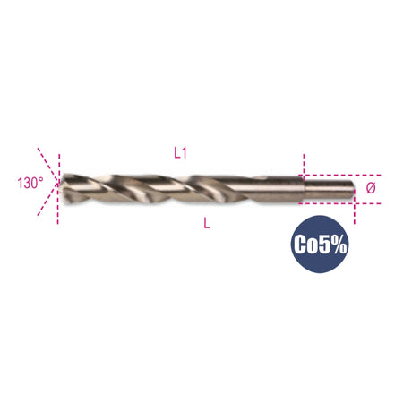 Beta Punte elicoidali cilindriche serie corta, in acciaio HSS-CO 5% rettificate con codolo ridotto di 13 mm