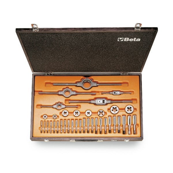 Beta Assortimento di maschi e filiere con accessori in acciaio al cromo filettatura UNC in cassetta di legno