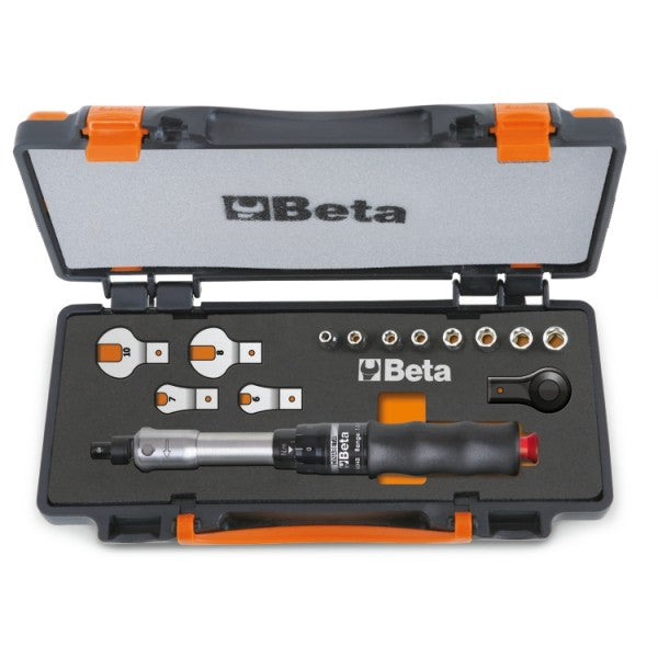 Beta Assortimento di barra dinamometrica 604B, 1 cricchetto reversibile, 8 chiavi a bussola esagonali e 4 chiavi a forchetta in cassetta di lamiera con termoformato morbido