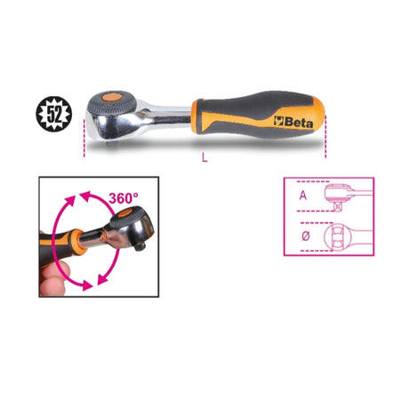 Beta Cricchetto reversibile con impugnatura rotante con attacco quadro maschio 1/4" meccanismo a 52 denti