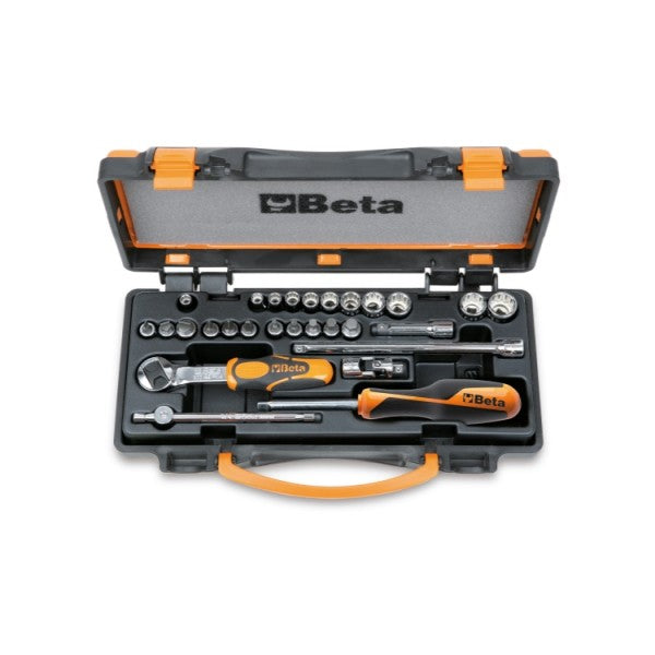 Beta Assortimento di 11 chiavi a bussola poligonali, 11 a giravite e 6 accessori in cassetta di lamiera