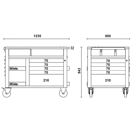 Beta Carrello SuperTank con piano di lavoro in legno e 10 cassetti