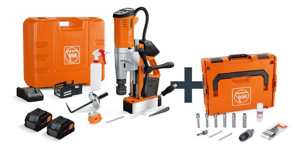 FEIN Trapano universale a batteria con punta a corona a base magnetica fino a 35 mm con set per l’utilizzatore AKBU 35 PMQW 18 V AS Construction-Site 2x 8 Ah Set con attacco Weldon da 3/4 in / HSS NOVA 50