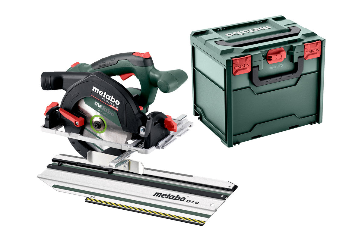 Metabo Sega circolare a batteria KS 18 LTX 57 BL 18V metaBOX 340 con binario per troncature diagonali KFS 44